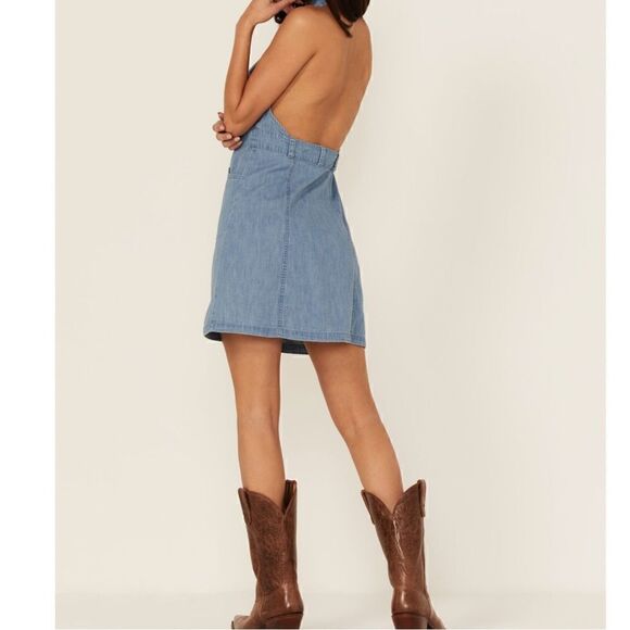 NWT Free People Sami Mini Dress Denim Blue Dress Halter Open Back Button Down L - Picture 5 of 11